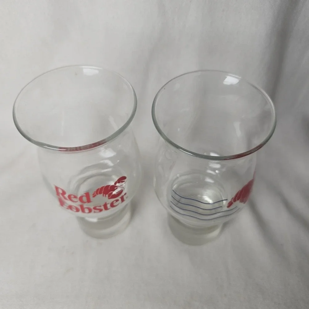 Set of 2 Red Lobster Hurricane Glasses‎ Red Logo 1980's